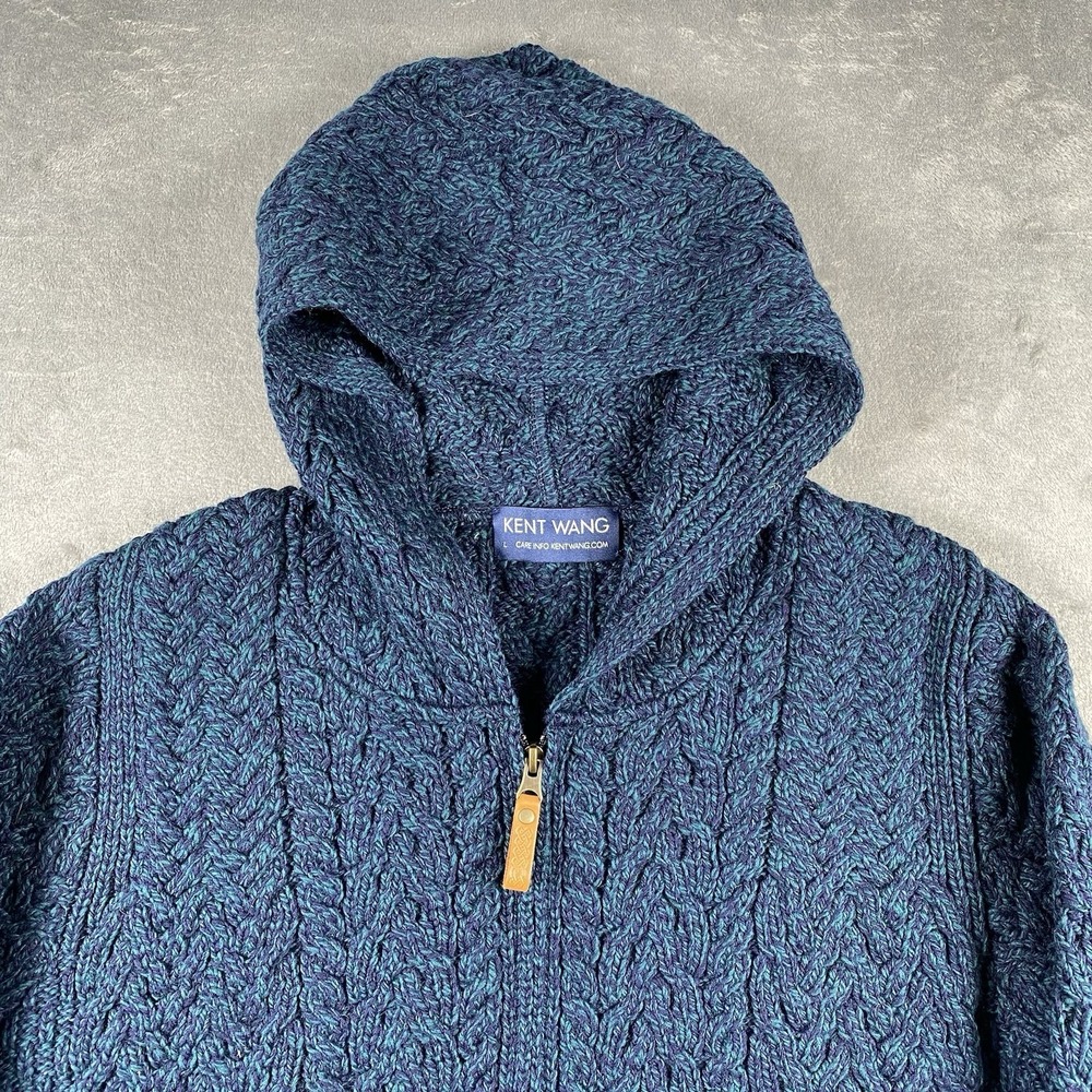 Kent Wang Hoodie Sweater Mens L Blue Merino‎ Wool Cable Knit Speckled Full Zip - Picture 3 of 10